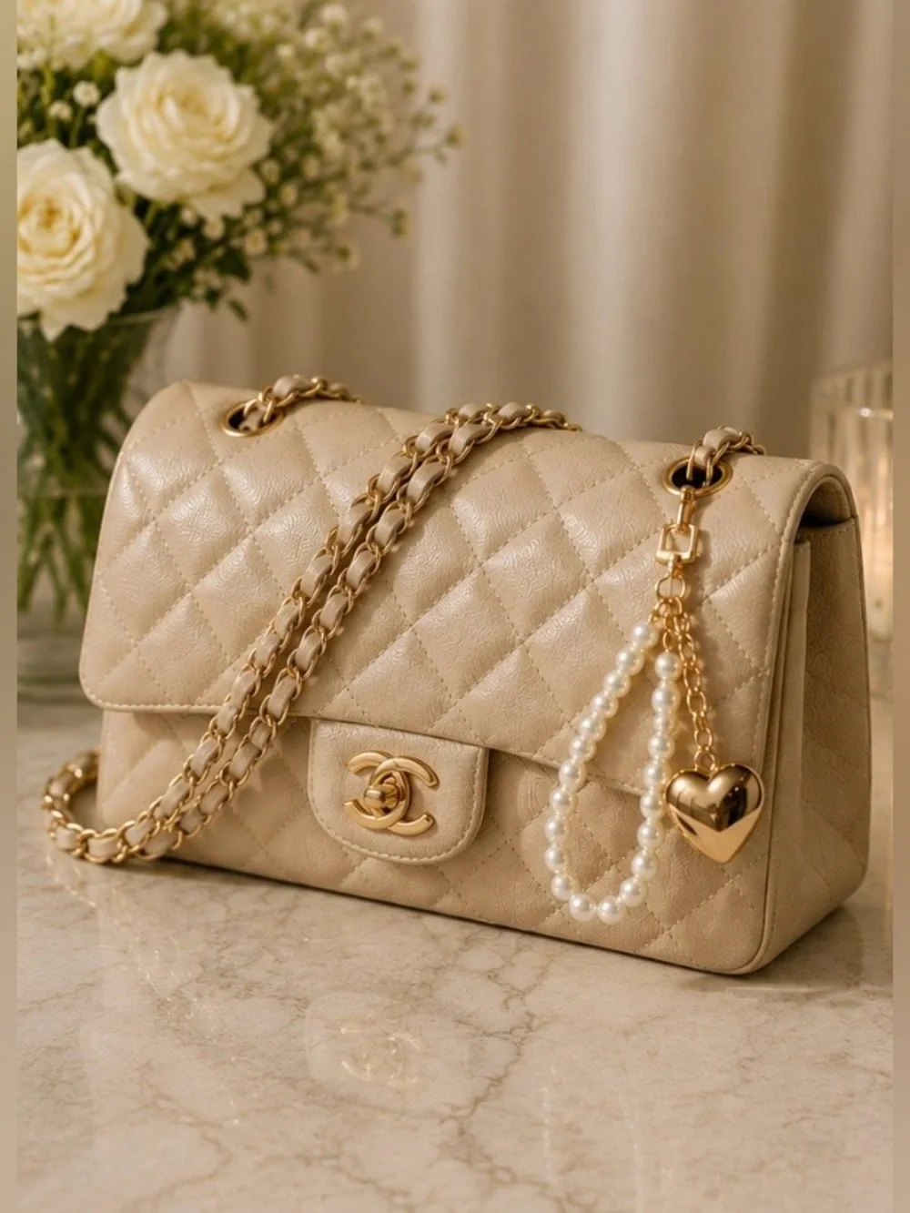 New Women’s Faux Pearl with Gold Tone Heart Bag‎ Charm / Keychain Feminine Gift